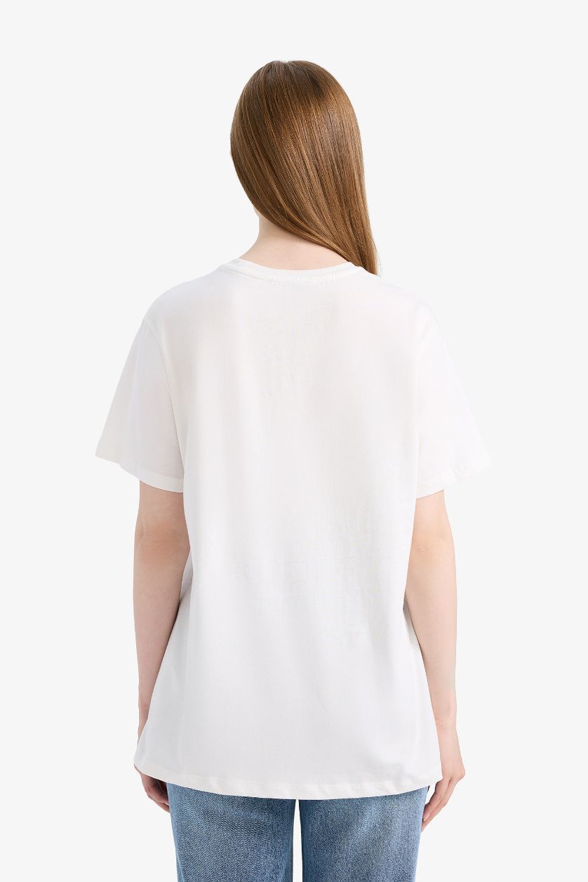 نساء بيج فاتح قميص طويل فلورال قصة عادية بياخة مستديرة