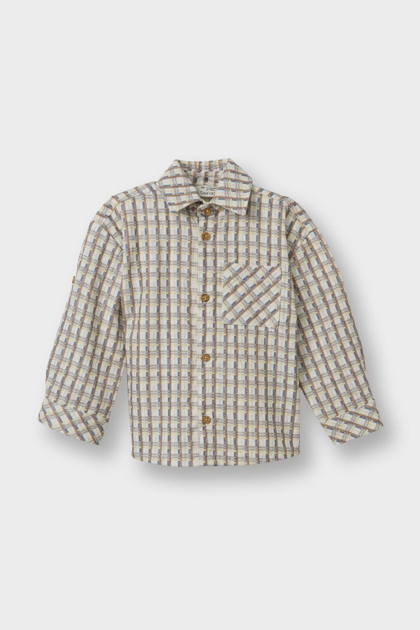 Erkek Bebek Bej Kareli Gofre Dokulu Uzun Kollu Gömlek Erkek Bebek