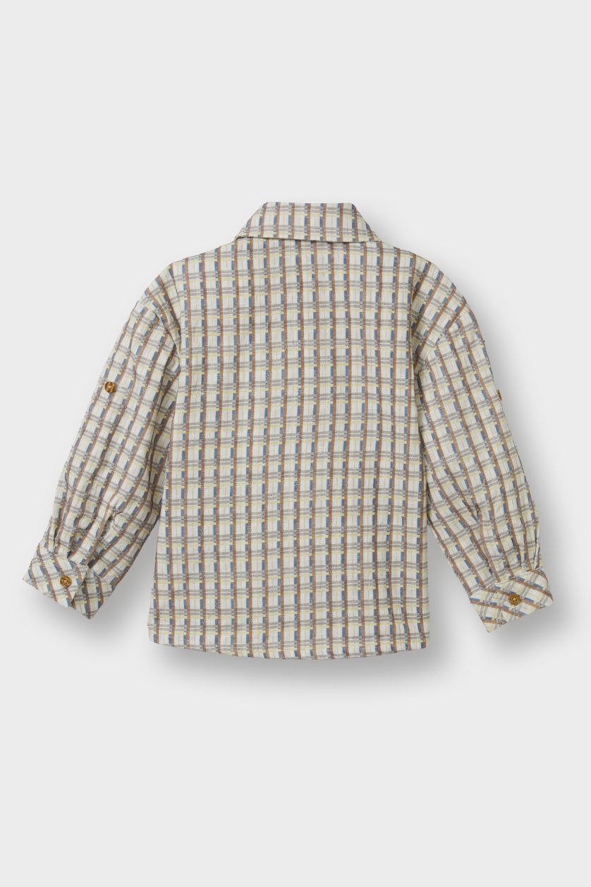 Erkek Bebek Bej Kareli Gofre Dokulu Uzun Kollu Gömlek Erkek Bebek