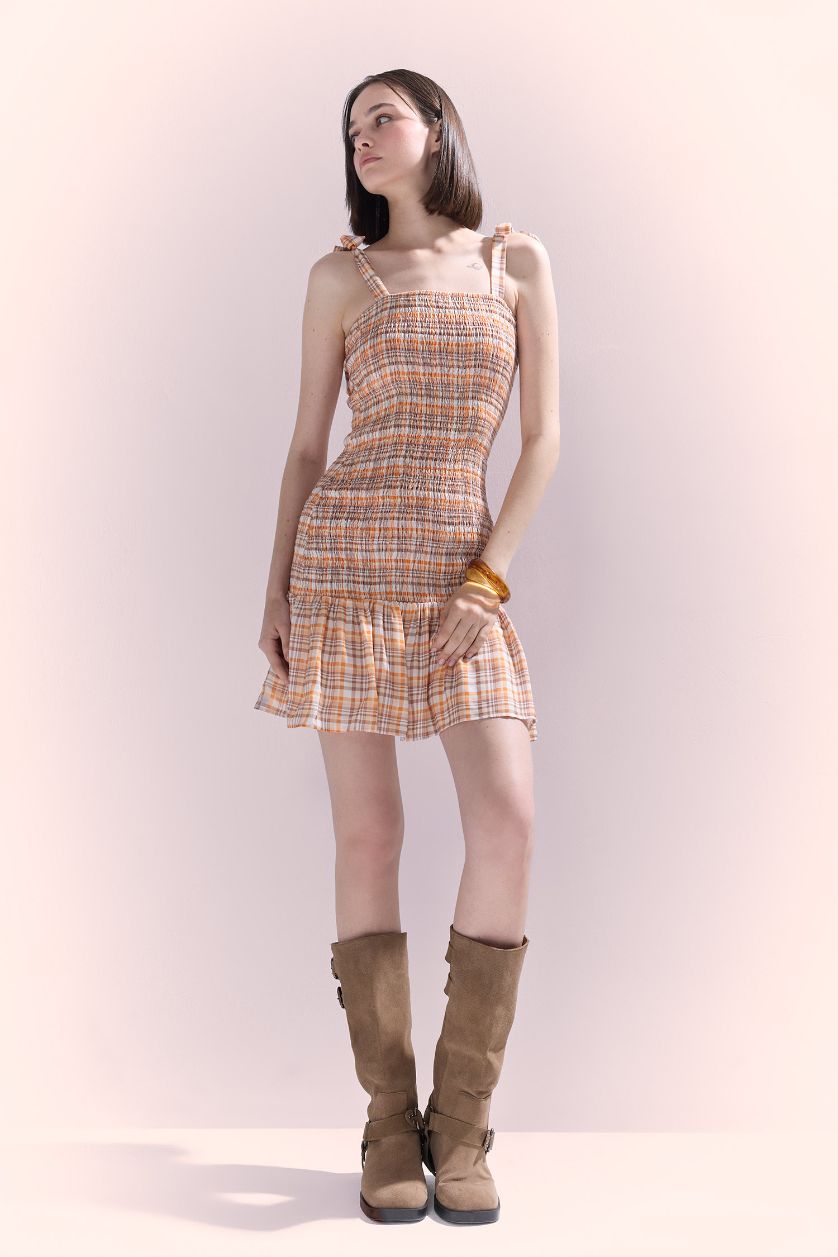 Kadın Turuncu Kareli Askılı Mini Elbise