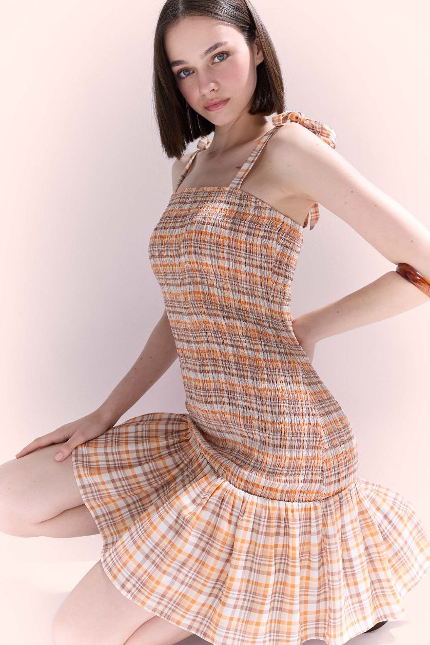 Kadın Turuncu Kareli Askılı Mini Elbise