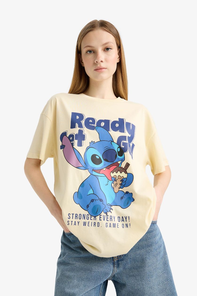 Kadın Kum Disney Lilo & Stitch Oversize Geniş Kalıp Kısa Kollu Tişört