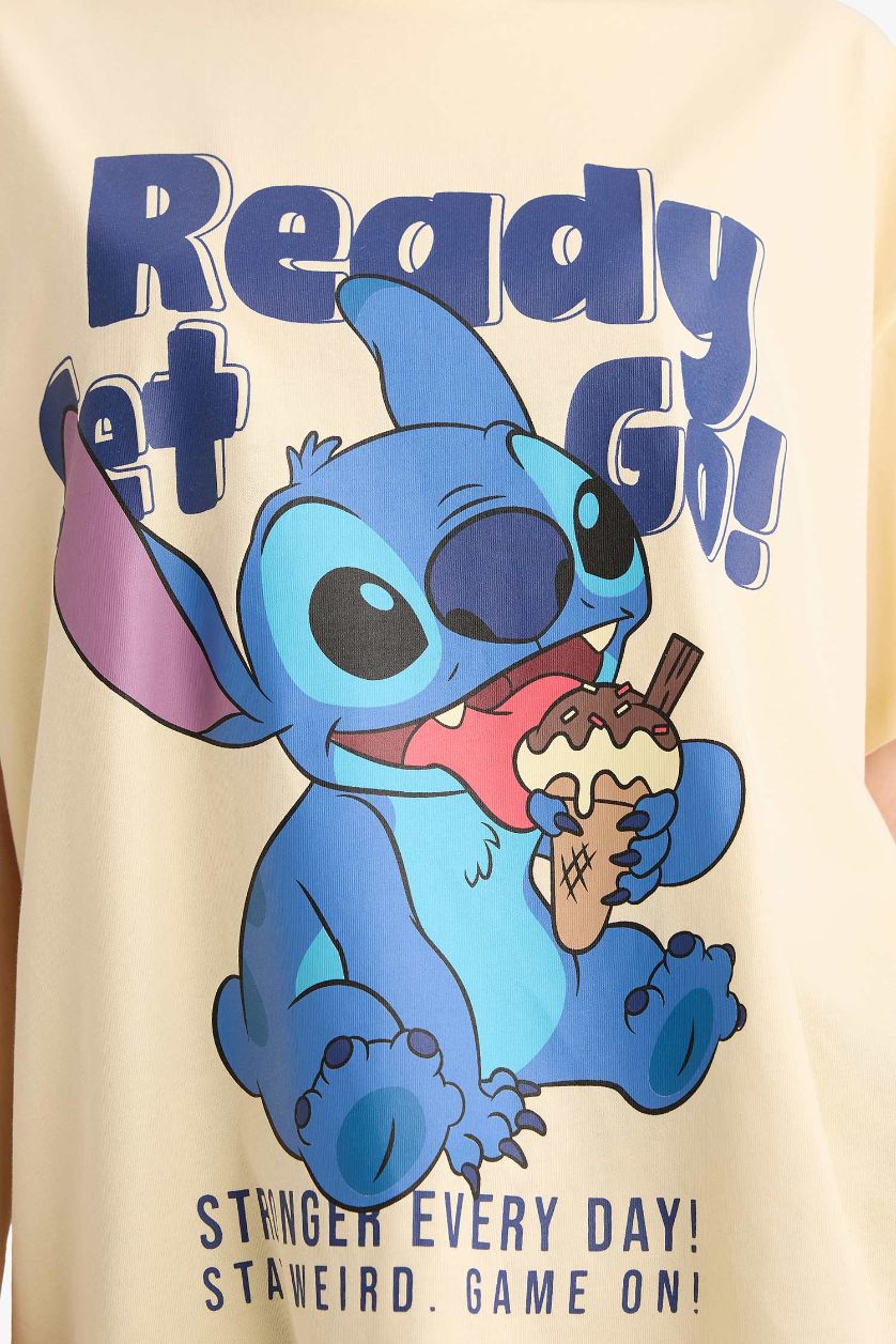 Kadın Kum Disney Lilo & Stitch Oversize Geniş Kalıp Kısa Kollu Tişört