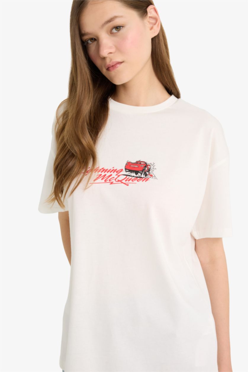 Kadın Kırık Beyaz Cars Oversize Geniş Kalıp Sırt Baskılı Kısa Kollu Tişört