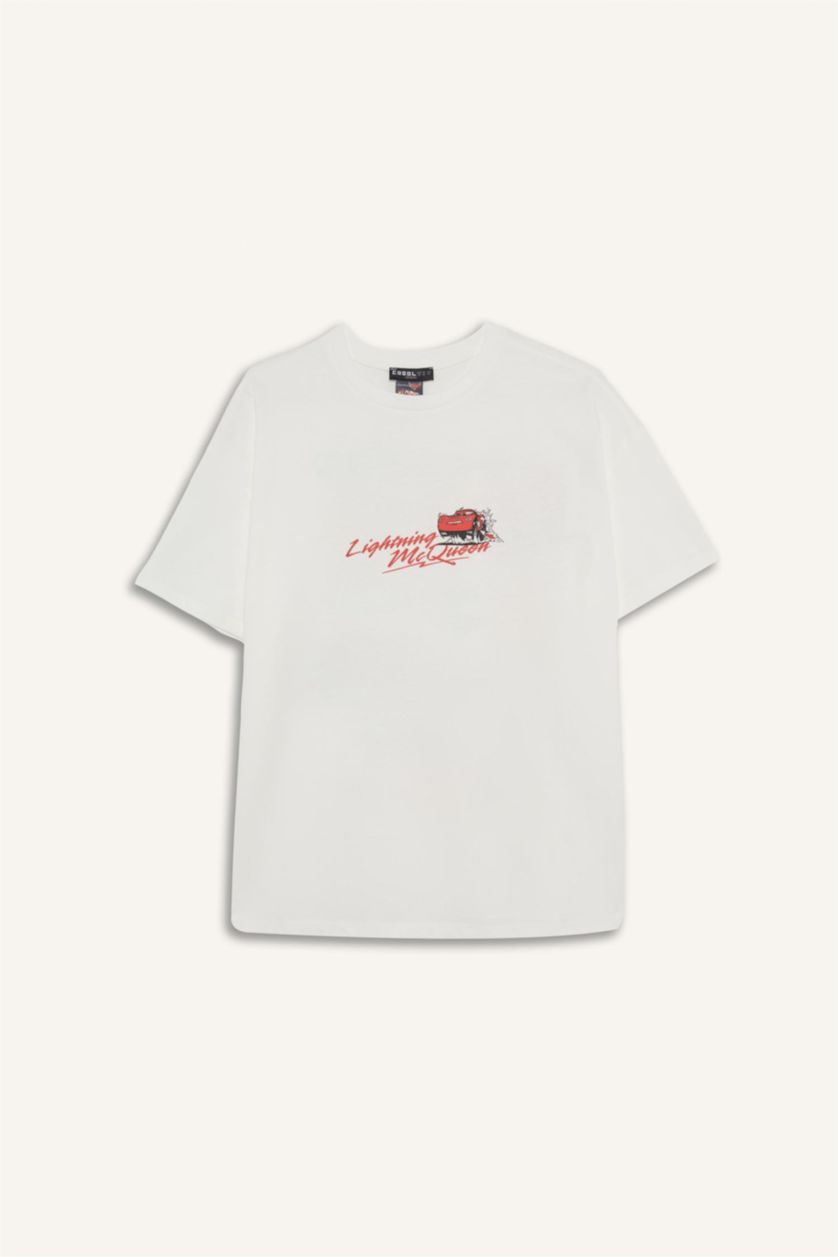 Kadın Kırık Beyaz Cars Oversize Geniş Kalıp Sırt Baskılı Kısa Kollu Tişört