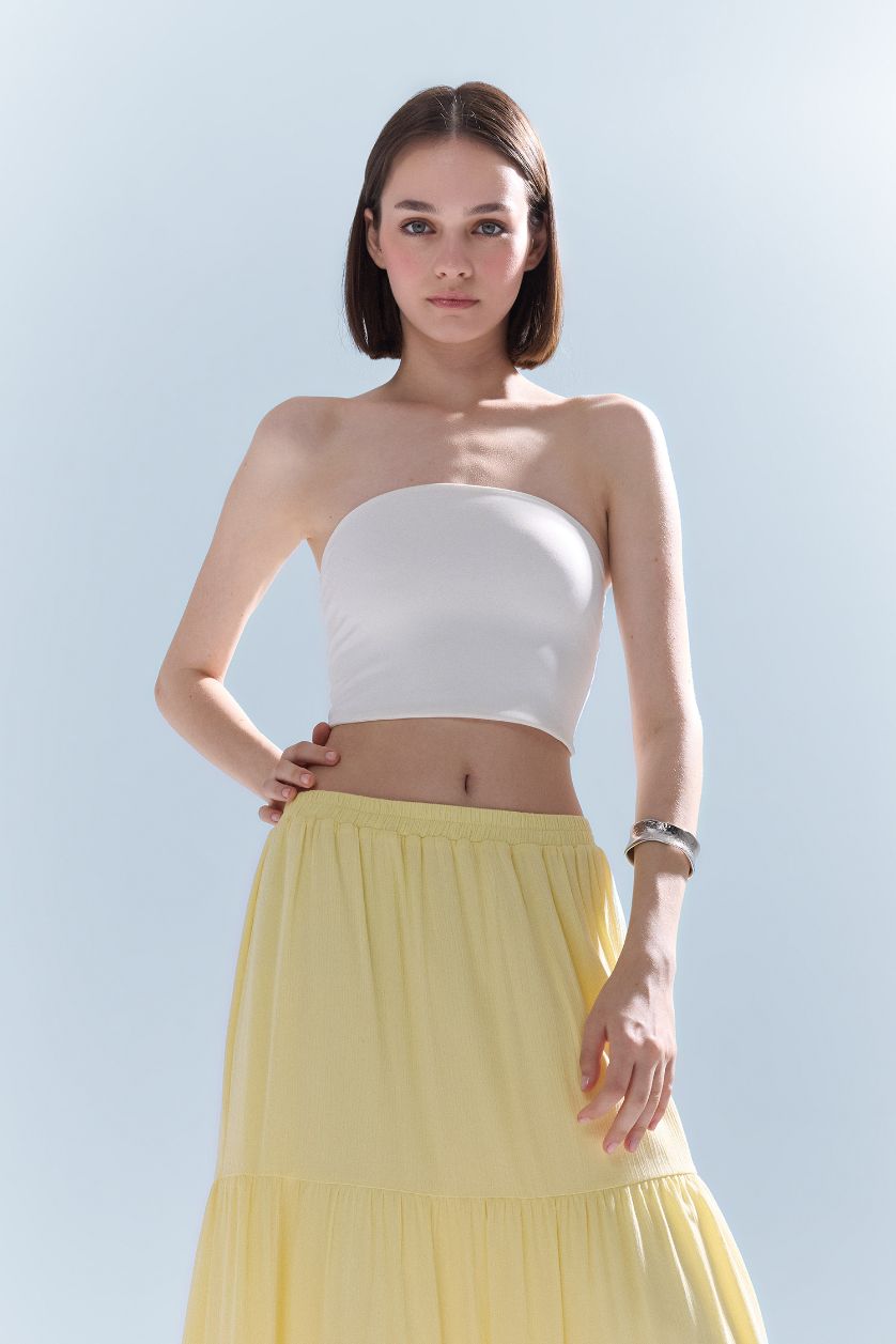 Kadın Ekru Fitted Straplez Bluz