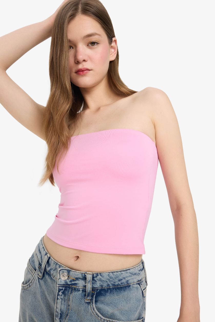 Kadın Açık Pembe Fitted Straplez Bluz