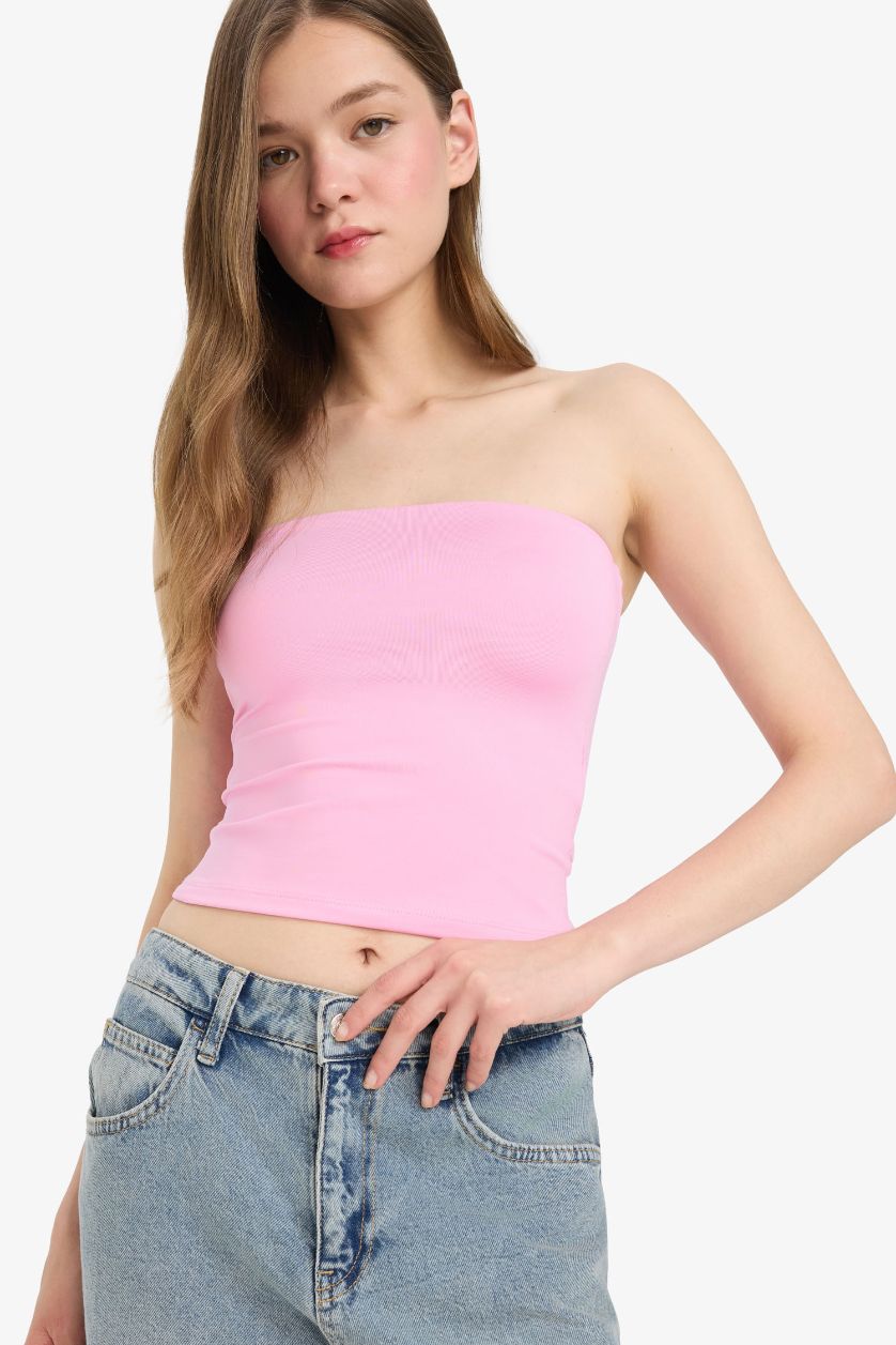 Kadın Açık Pembe Fitted Straplez Bluz