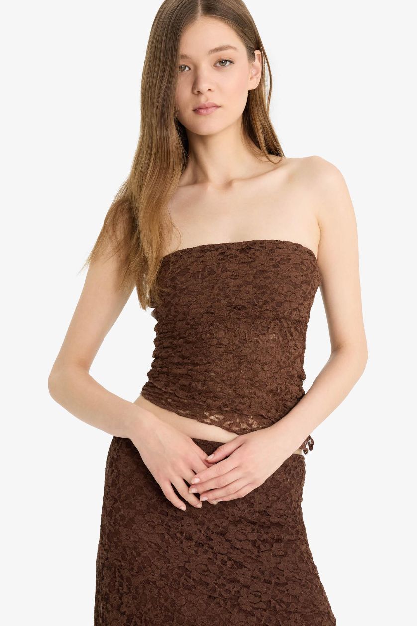 Kadın Vizon Slim Fit Dar Kesim Straplez Dantel Bluz