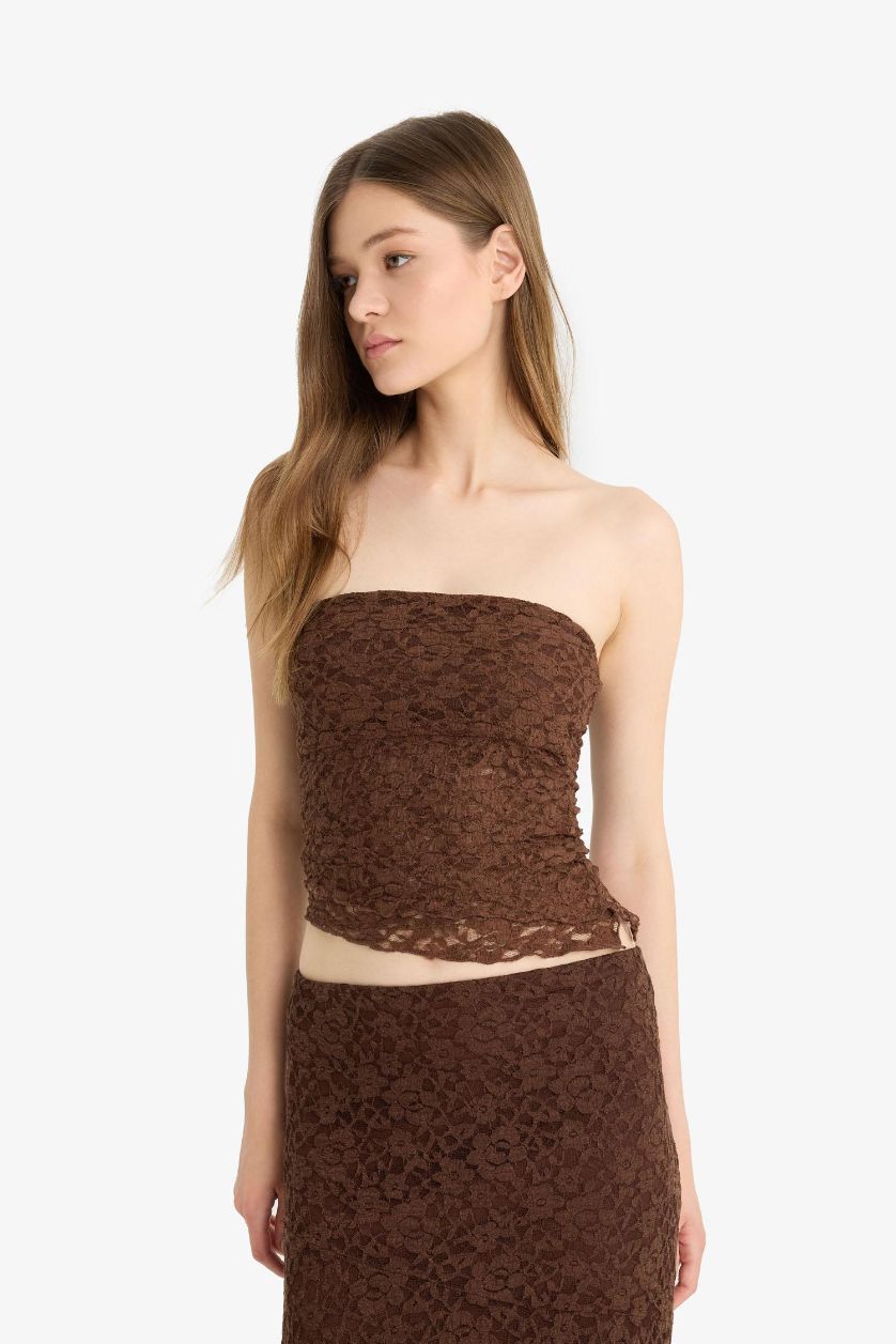 Kadın Vizon Slim Fit Dar Kesim Straplez Dantel Bluz