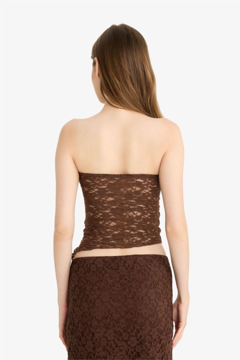 Kadın Vizon Slim Fit Dar Kesim Straplez Dantel Bluz