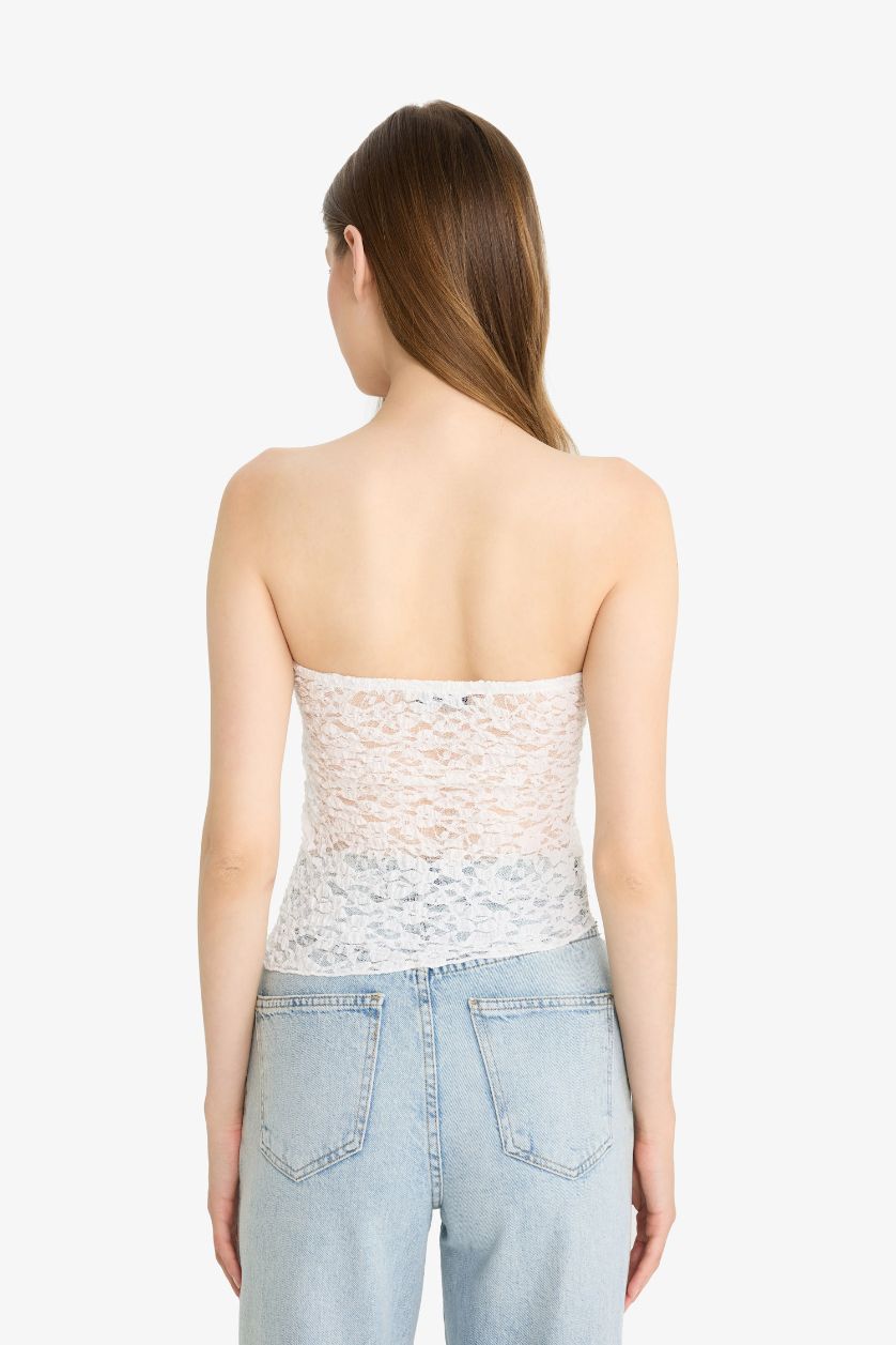 Kadın Ekru Slim Fit Dar Kesim Straplez Dantel Bluz