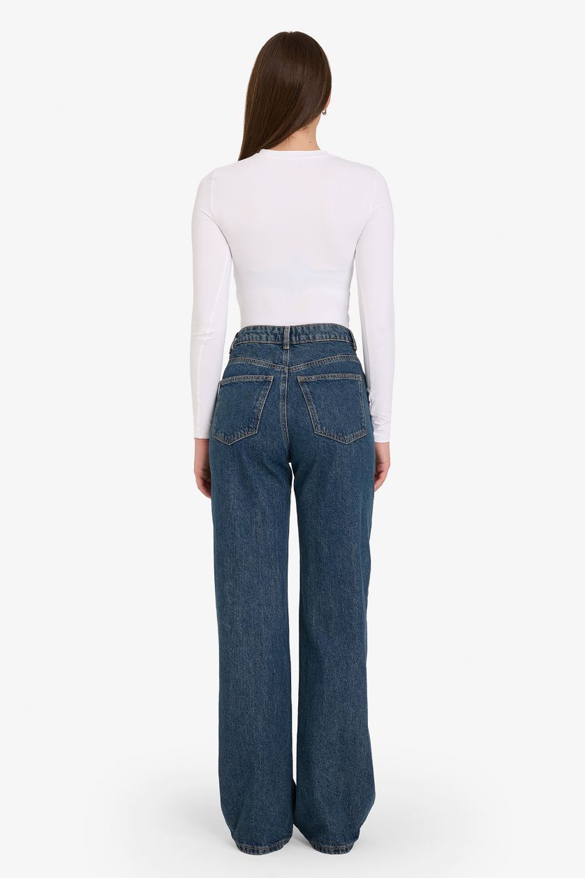 WOMAN Dark Blue Straight Wide Leg High Waist Long Jeans