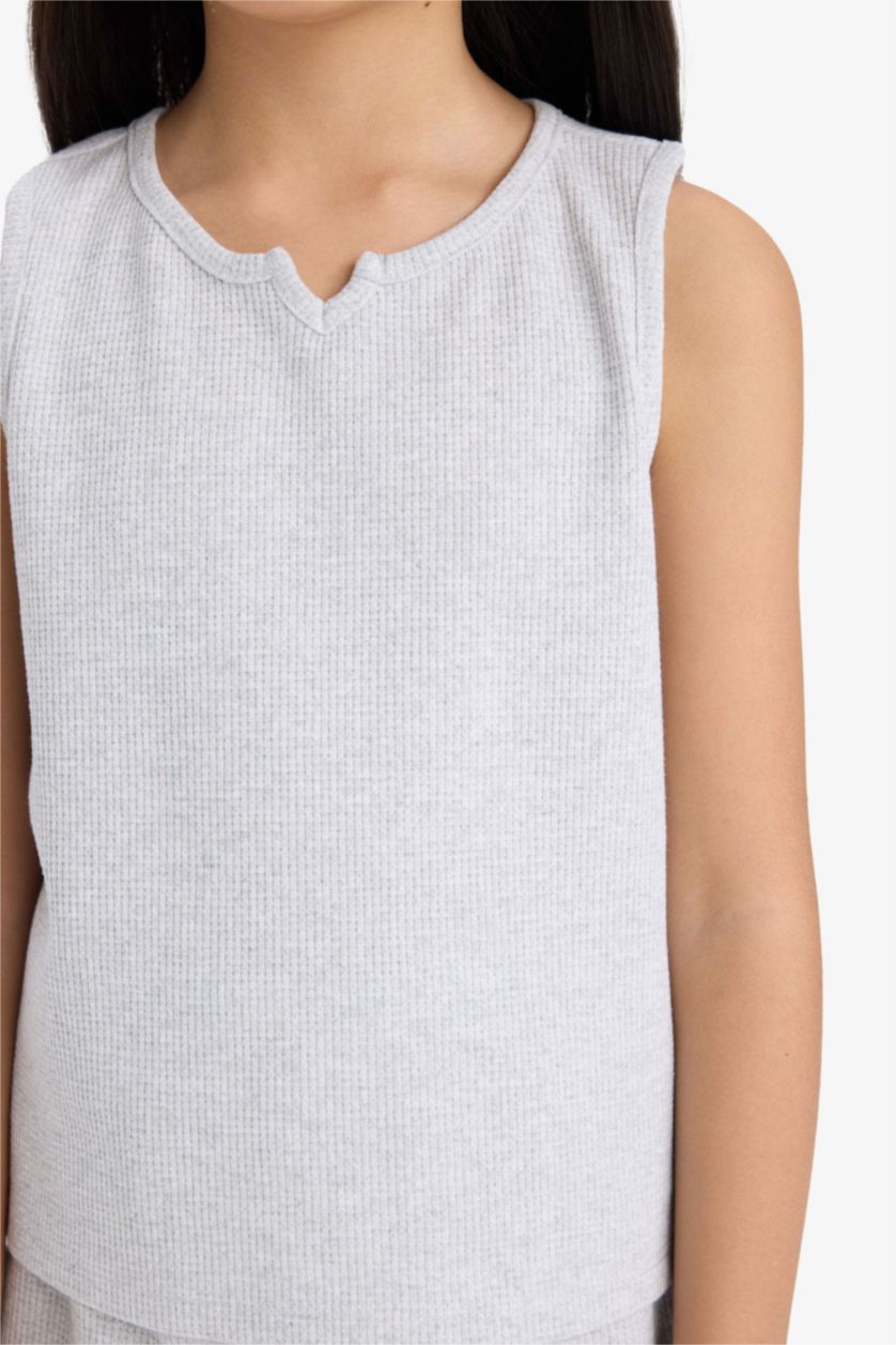 Kız Çocuk - Genç Kız Optik Gri Melanj 2'li Takım Waffle Kolsuz Üst Beli Lastikli Şort Alt Kız Çocuk