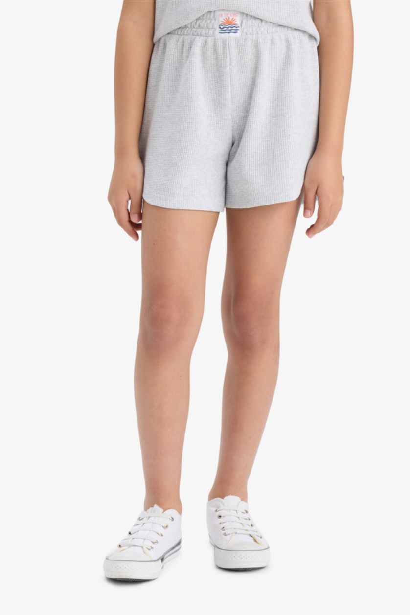 Kız Çocuk - Genç Kız Optik Gri Melanj 2'li Takım Waffle Kolsuz Üst Beli Lastikli Şort Alt Kız Çocuk