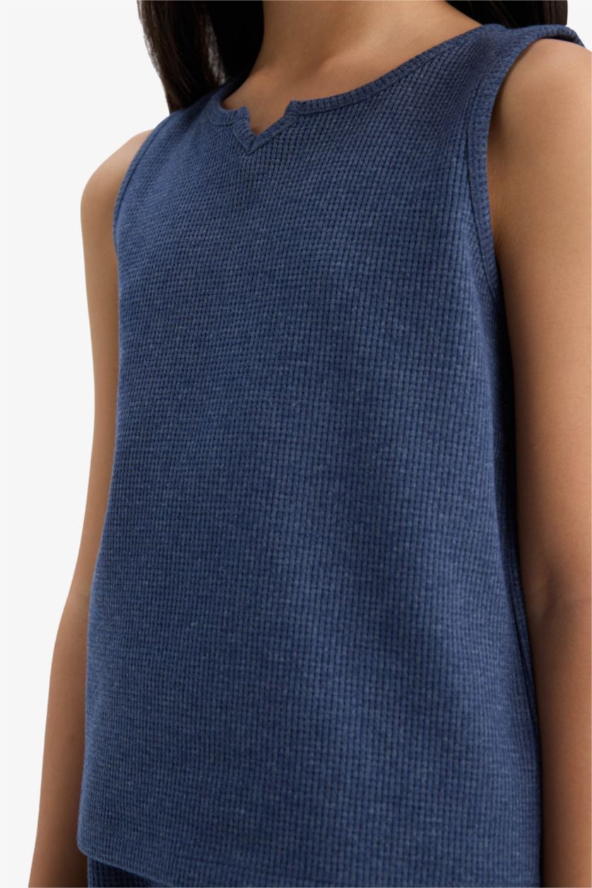 Kız Çocuk - Genç Kız İndigo 2'li Takım Waffle Kolsuz Üst Beli Lastikli Şort Alt Kız Çocuk