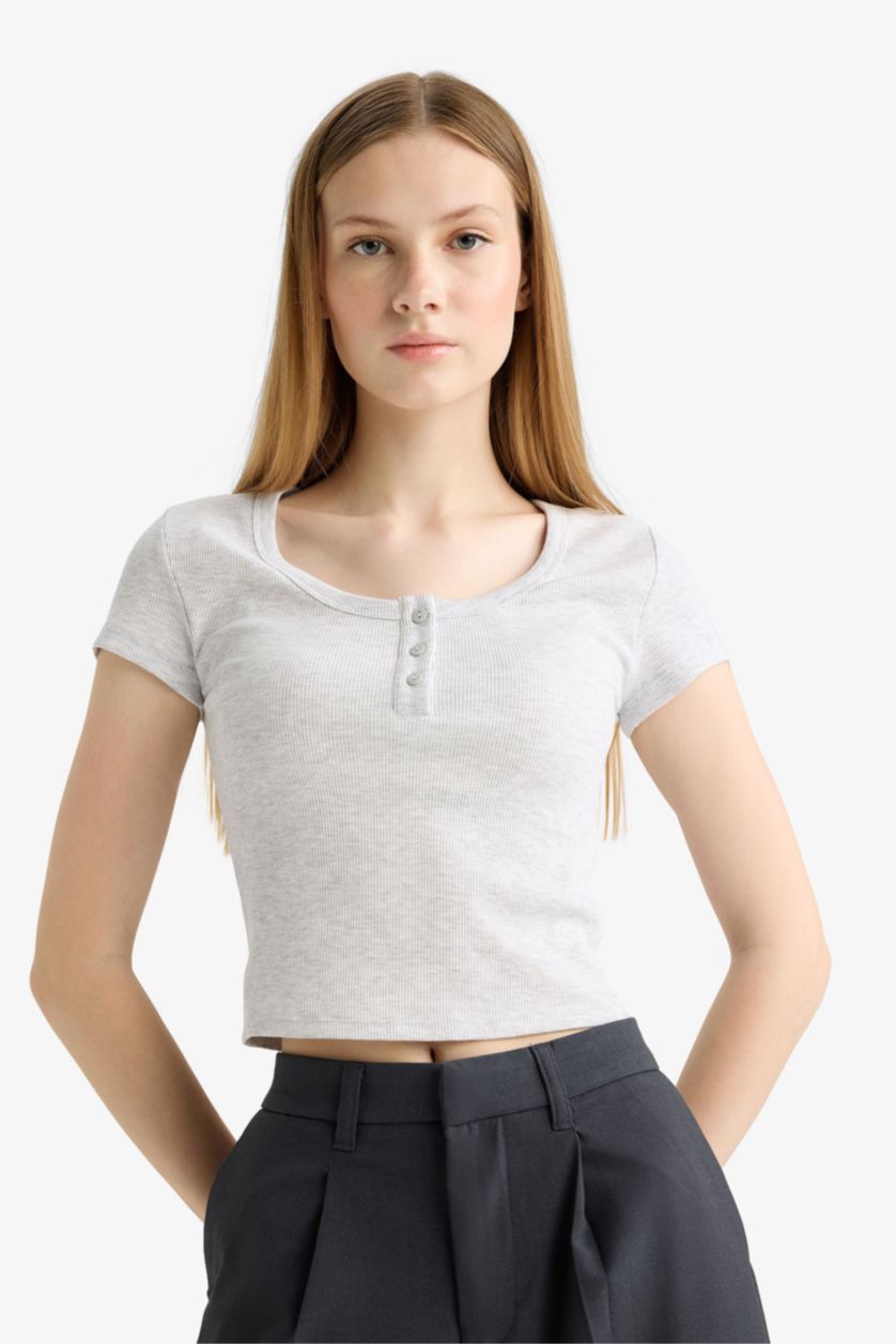 نساء ميلانج رمادي تيشيرت نص ردن مضلع سليم فيت