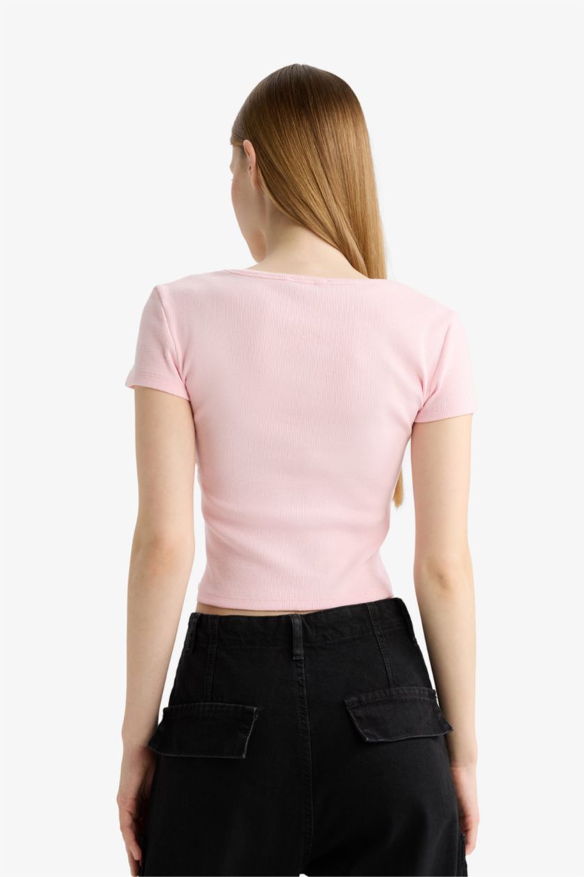 Kadın Açık Pembe Fitted Yuvarlak Yaka Crop Fitilli Kaşkorse Kısa Kollu Tişört