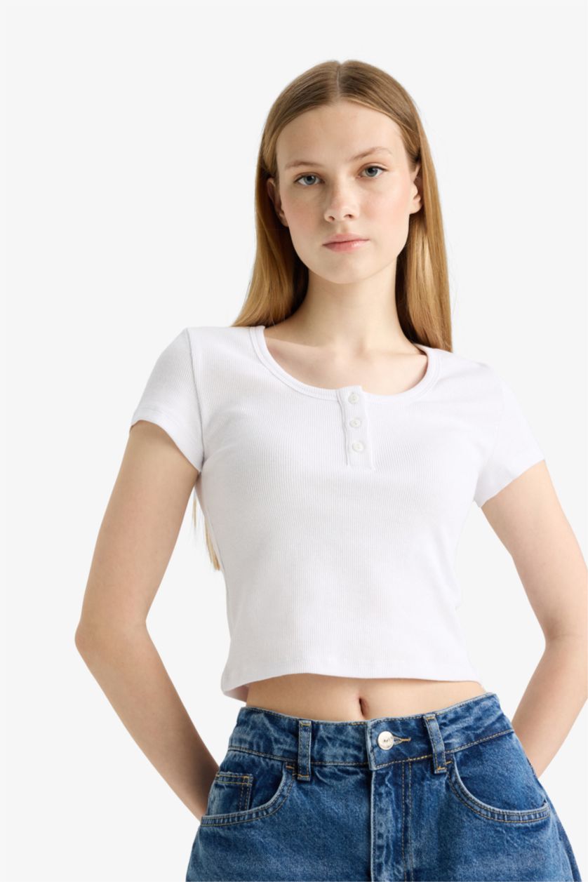 Woman Violet Beyaz Fitted Round Neck Ribbed Camisole White T-Shirt