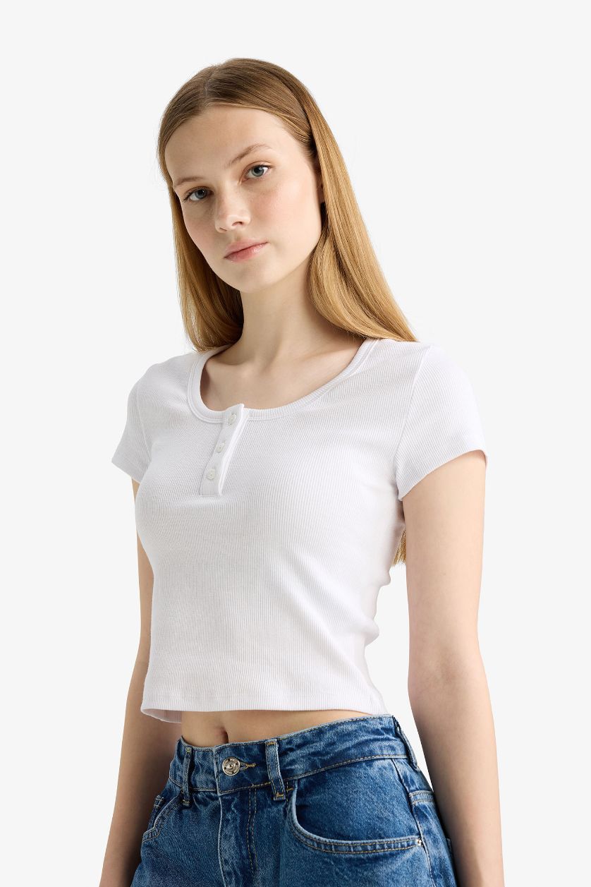 Woman Violet Beyaz Fitted Round Neck Ribbed Camisole White T-Shirt
