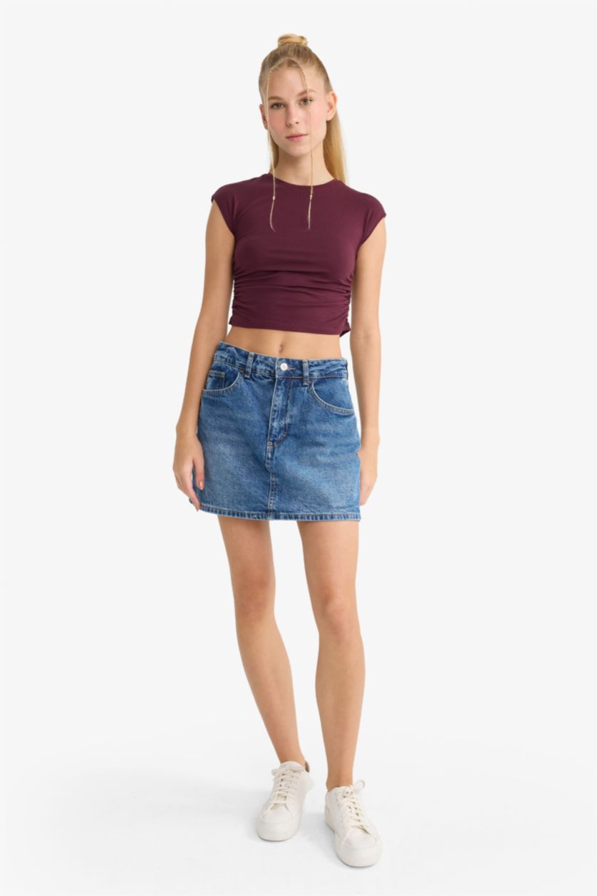 Kadın Bordo Fitted Modal Kısa Kollu Tişört