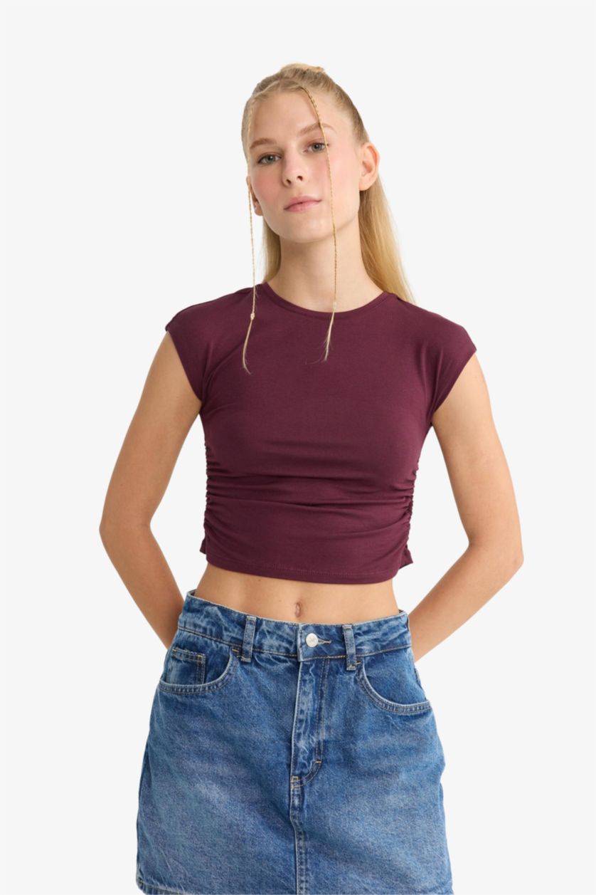 Kadın Bordo Fitted Modal Kısa Kollu Tişört