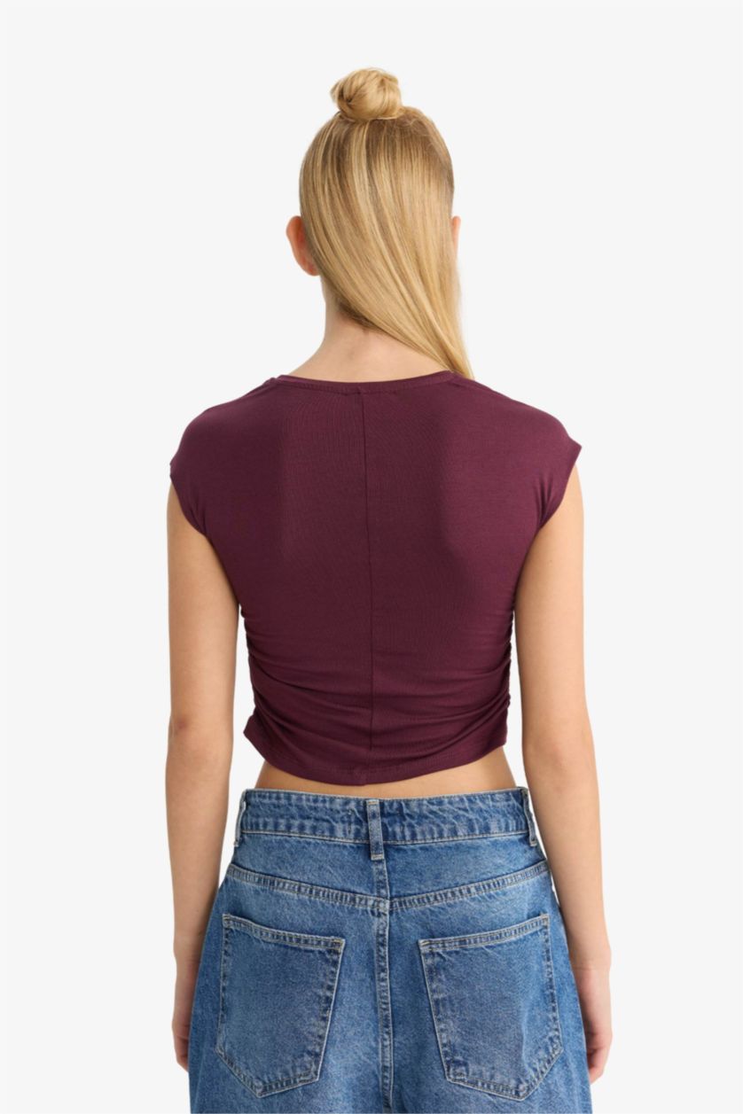 Kadın Bordo Fitted Modal Kısa Kollu Tişört