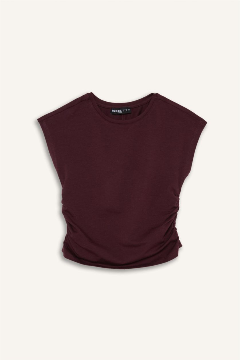 Kadın Bordo Fitted Modal Kısa Kollu Tişört