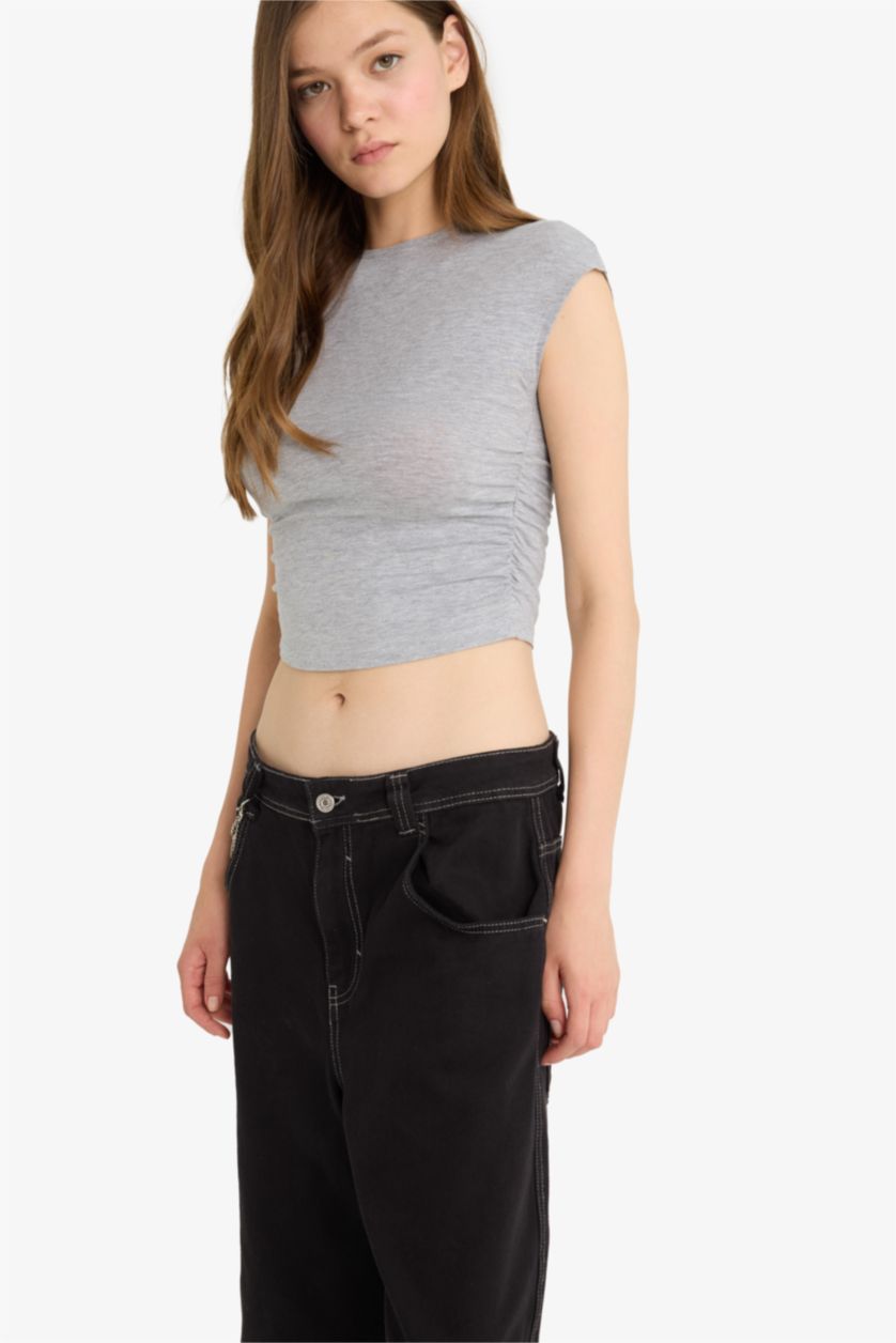 WOMAN Grey Melange Fitted Draped Modal Short Sleeve T-Shirt