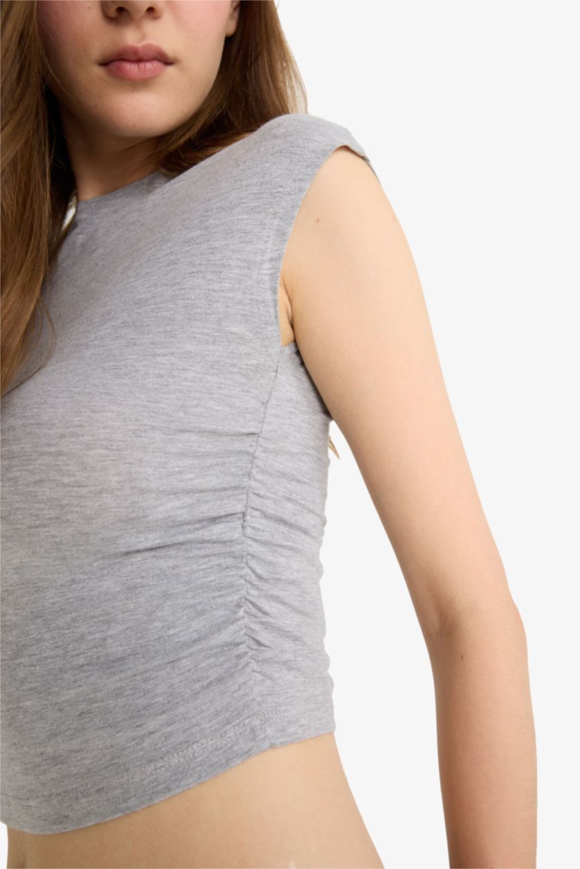 WOMAN Grey Melange Fitted Draped Modal Short Sleeve T-Shirt