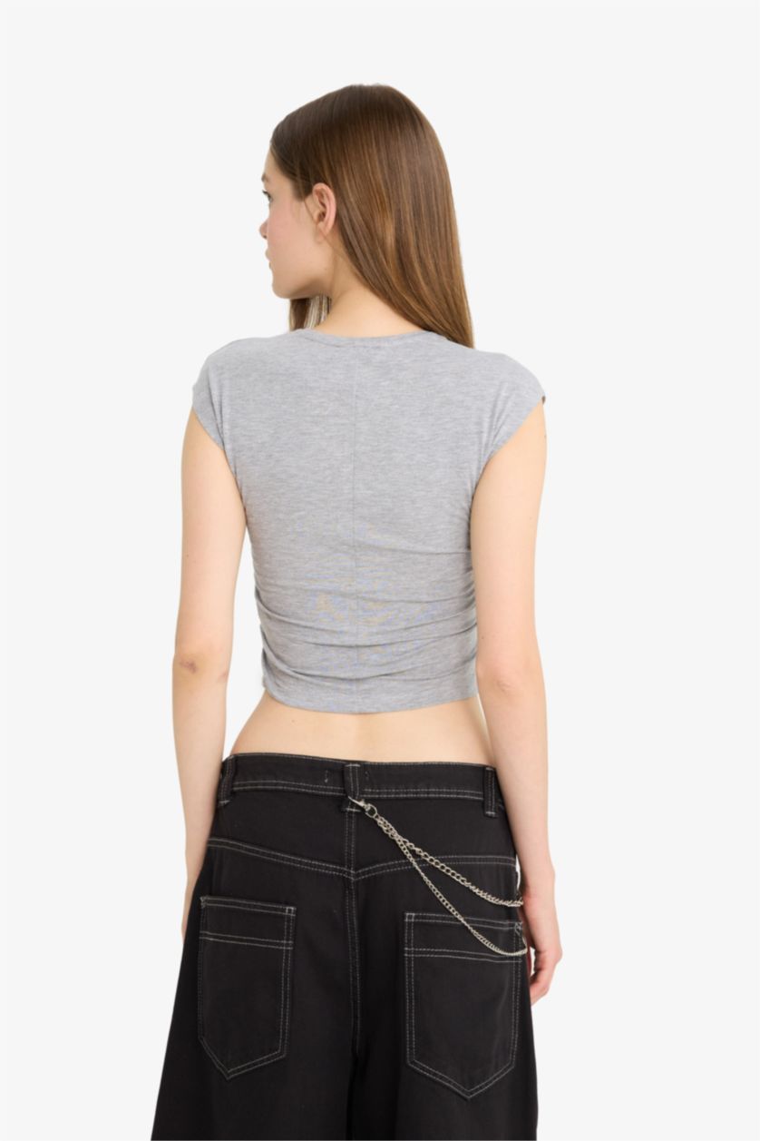 WOMAN Grey Melange Fitted Draped Modal Short Sleeve T-Shirt