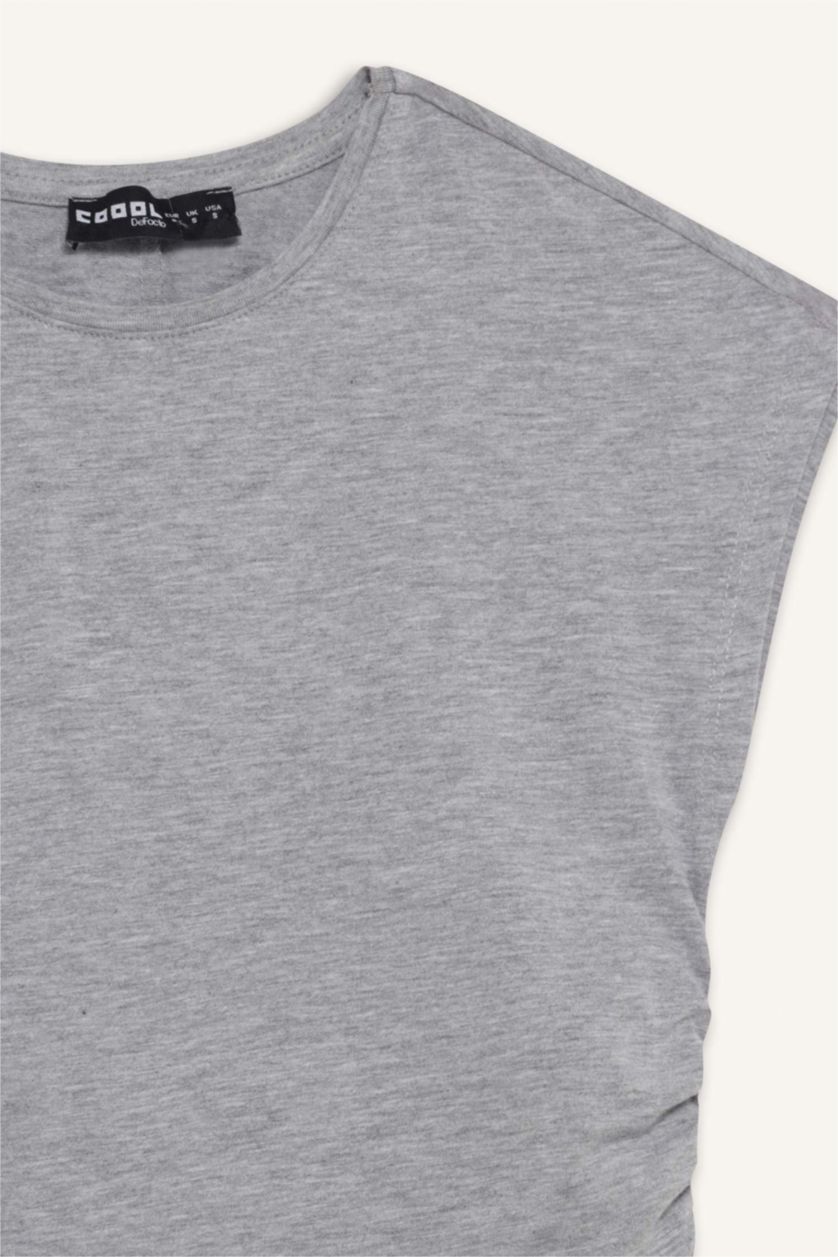 WOMAN Grey Melange Fitted Draped Modal Short Sleeve T-Shirt