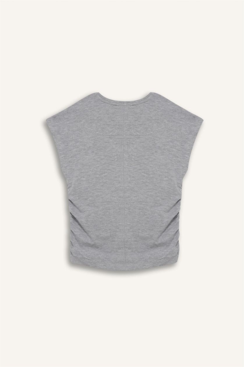 WOMAN Grey Melange Fitted Draped Modal Short Sleeve T-Shirt