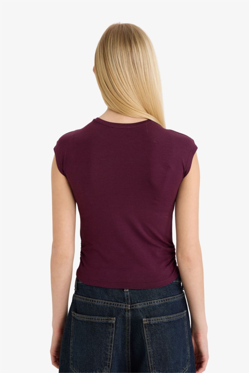 Kadın Bordo Fitted Modal Kısa Kollu Tişört