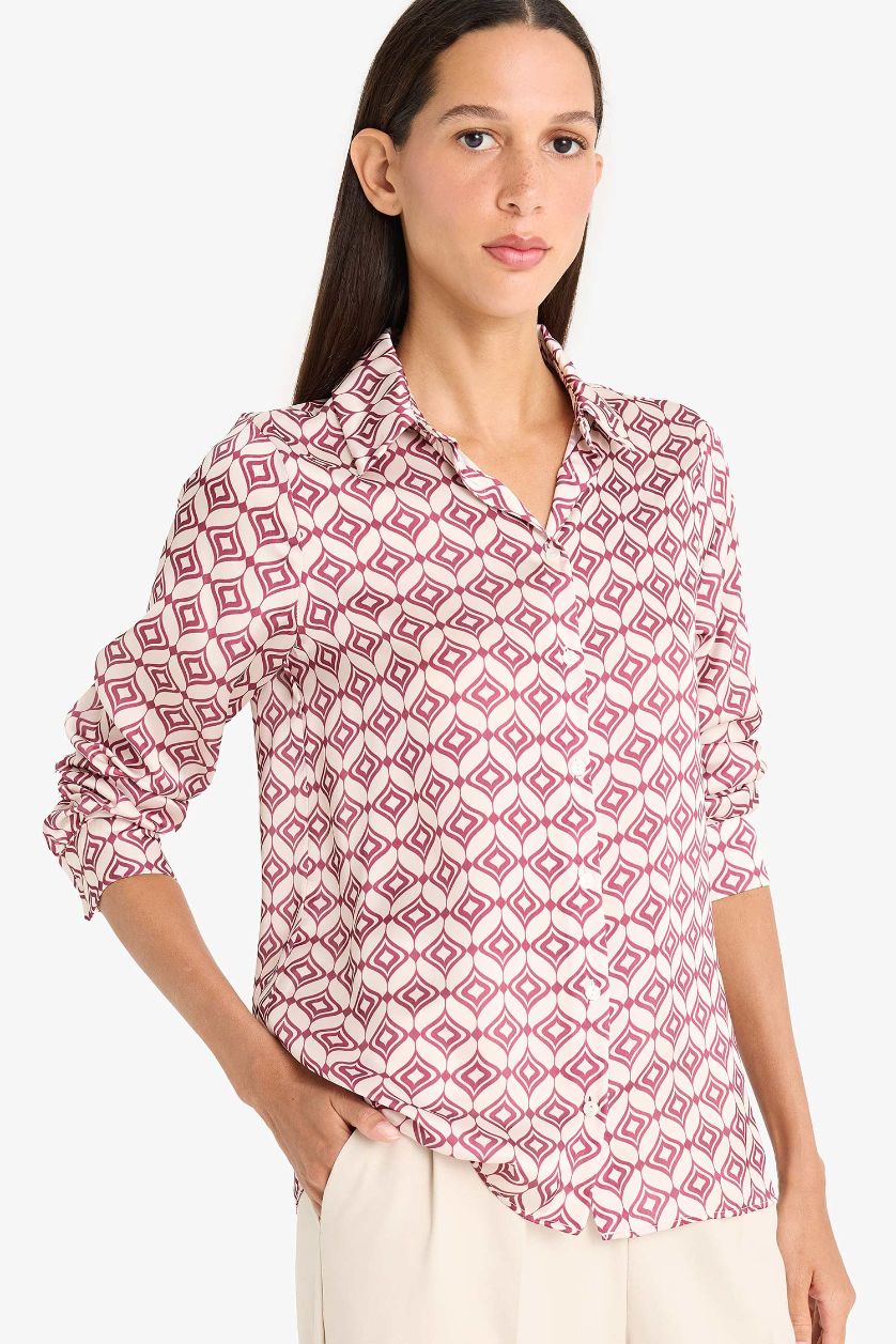 Kadın Siyah Regular Fit Desenli Saten Uzun Kollu Gömlek