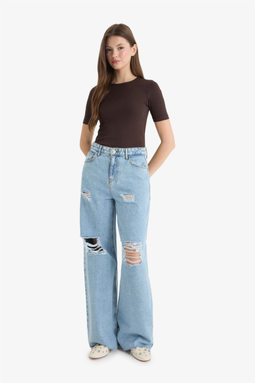 Kadın Kahve Fitted Bisiklet Yaka Basic Düz Ribana Kısa Kollu Tişört