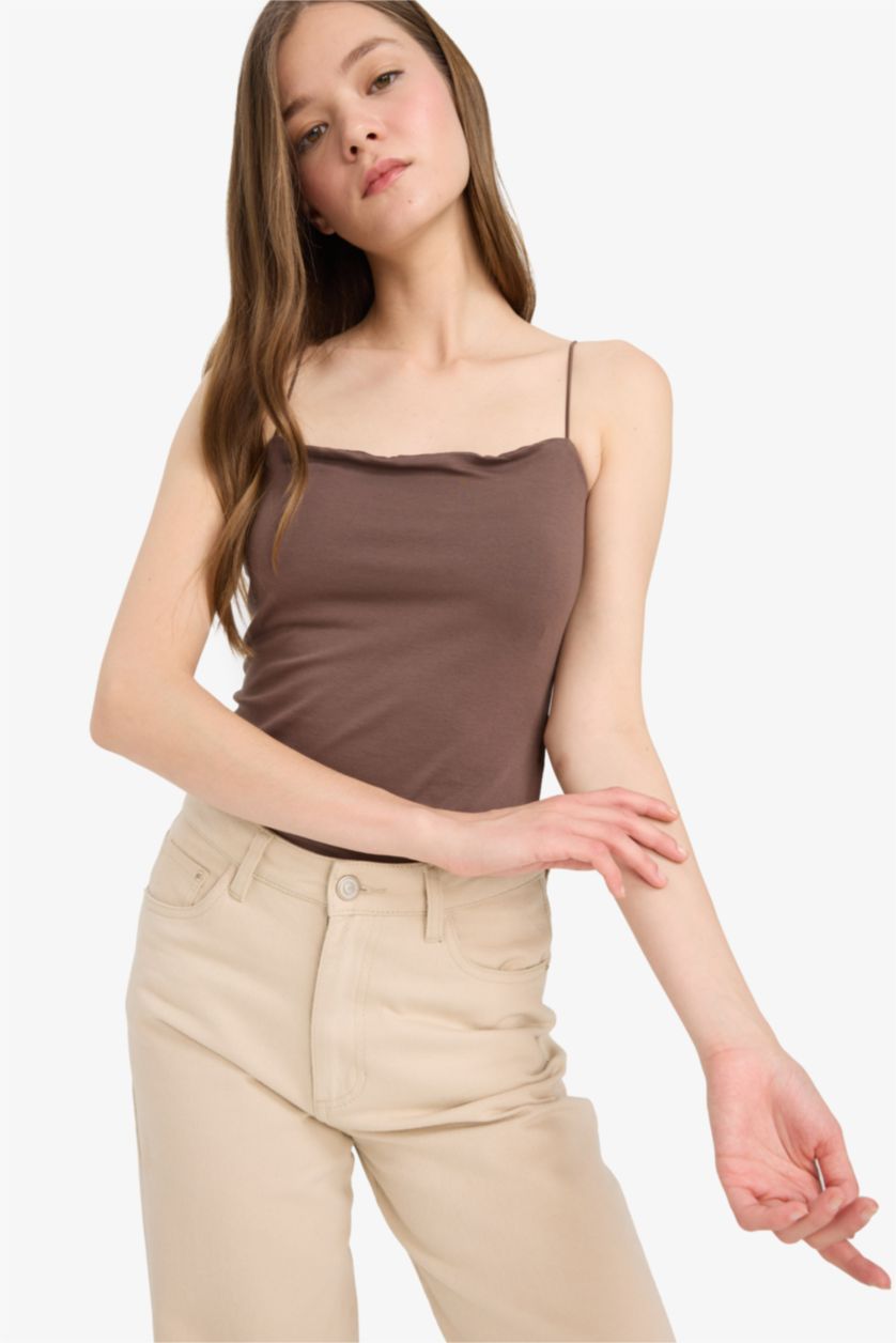 Kadın Kahve Fitted Kare Yaka Basic Düz Askılı Atlet