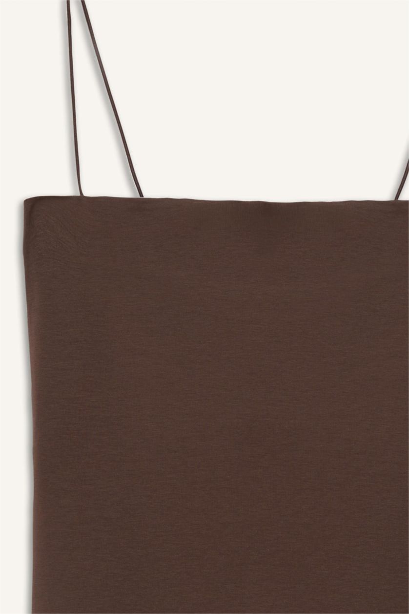 Kadın Kahve Fitted Kare Yaka Basic Düz Askılı Atlet