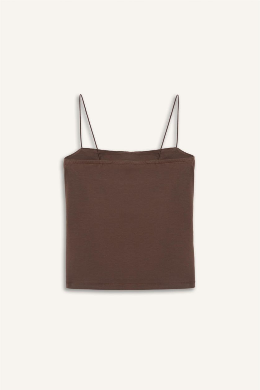 Kadın Kahve Fitted Kare Yaka Basic Düz Askılı Atlet