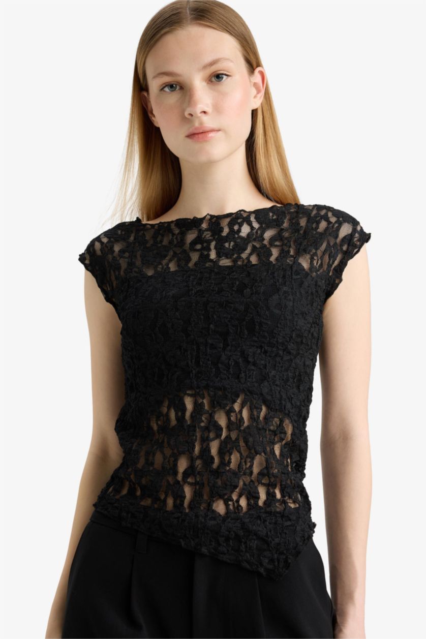 Woman Black Fitted Round Neck Lace Short Sleeve Blouse