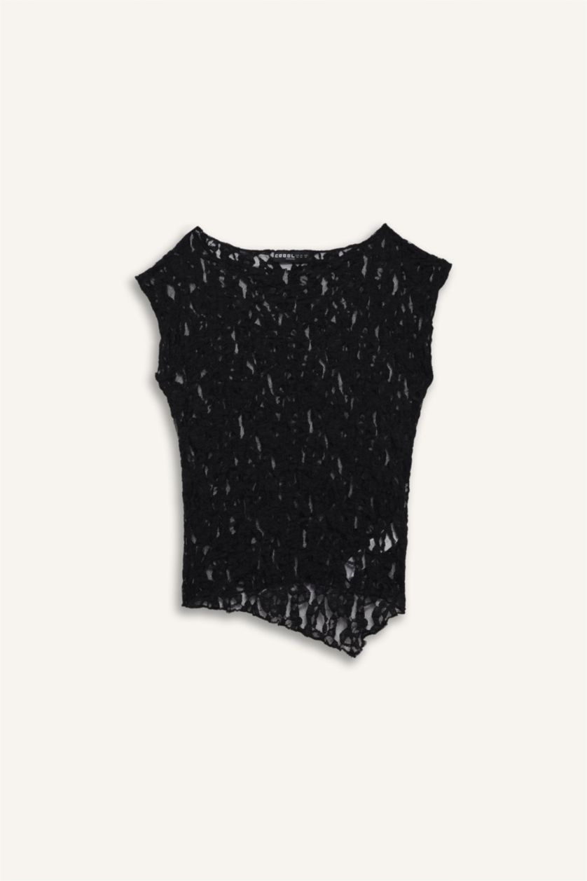 Woman Black Fitted Round Neck Lace Short Sleeve Blouse