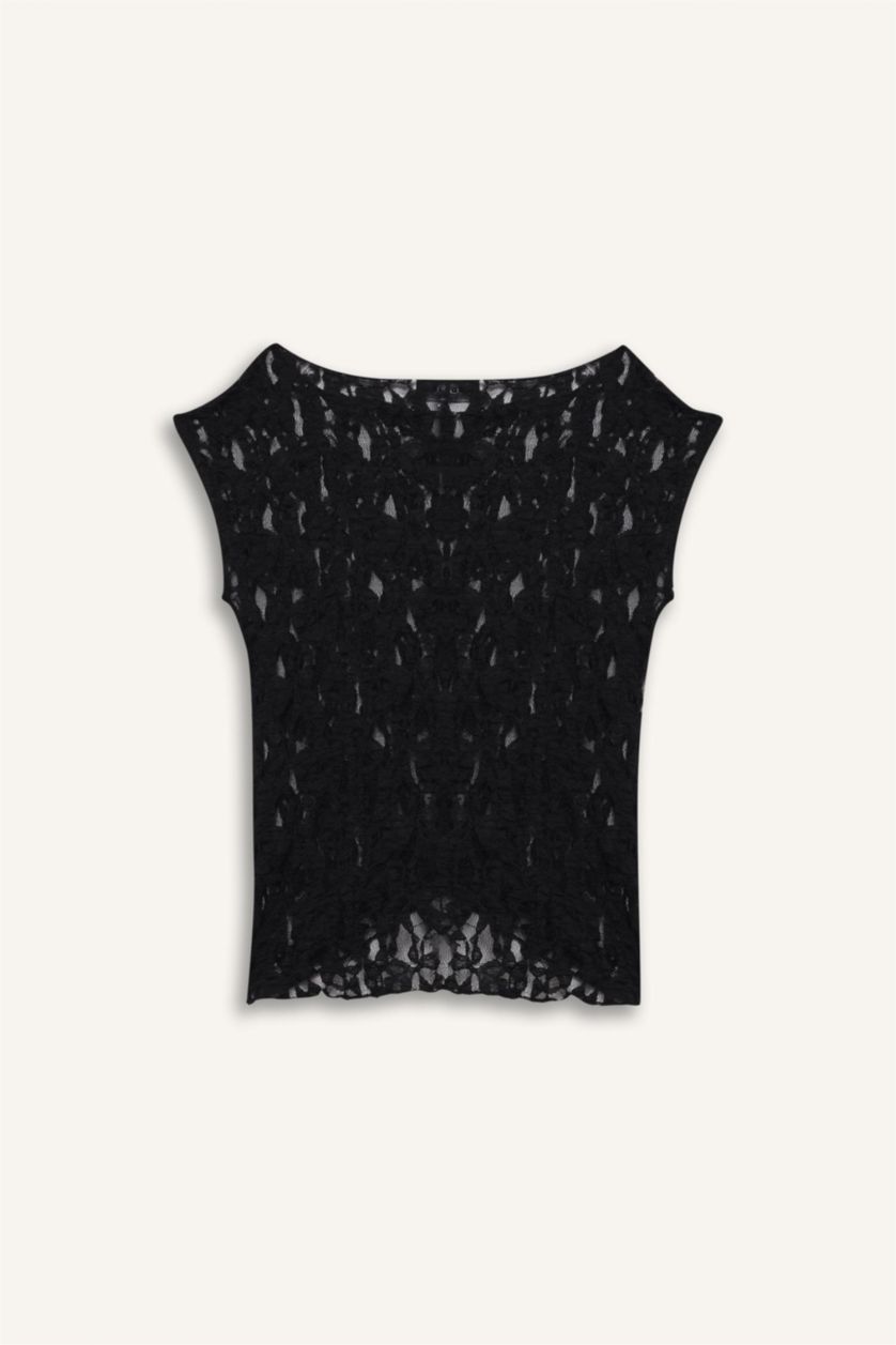 Woman Black Fitted Round Neck Lace Short Sleeve Blouse