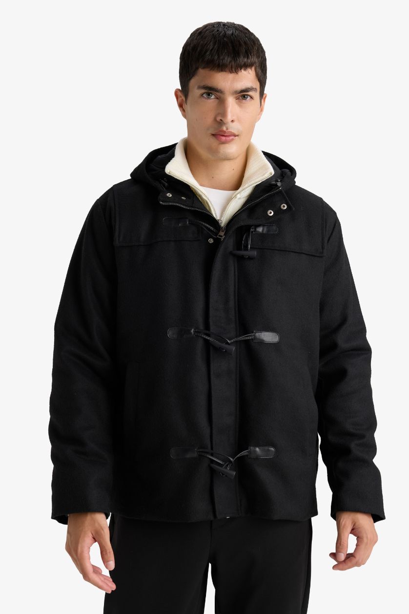 MAN Black Regular Fit Hooded Button Closure Inner Pockets Cachet Coat