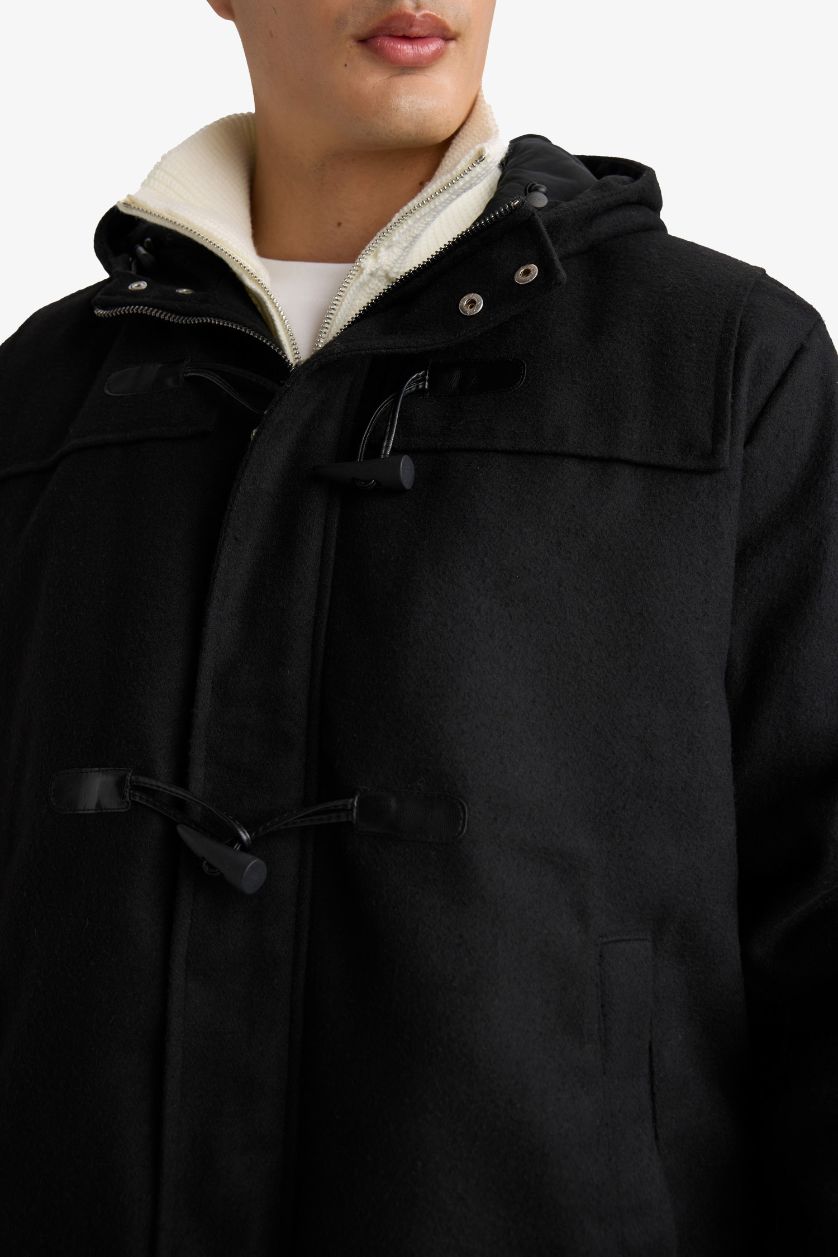 MAN Black Regular Fit Hooded Button Closure Inner Pockets Cachet Coat