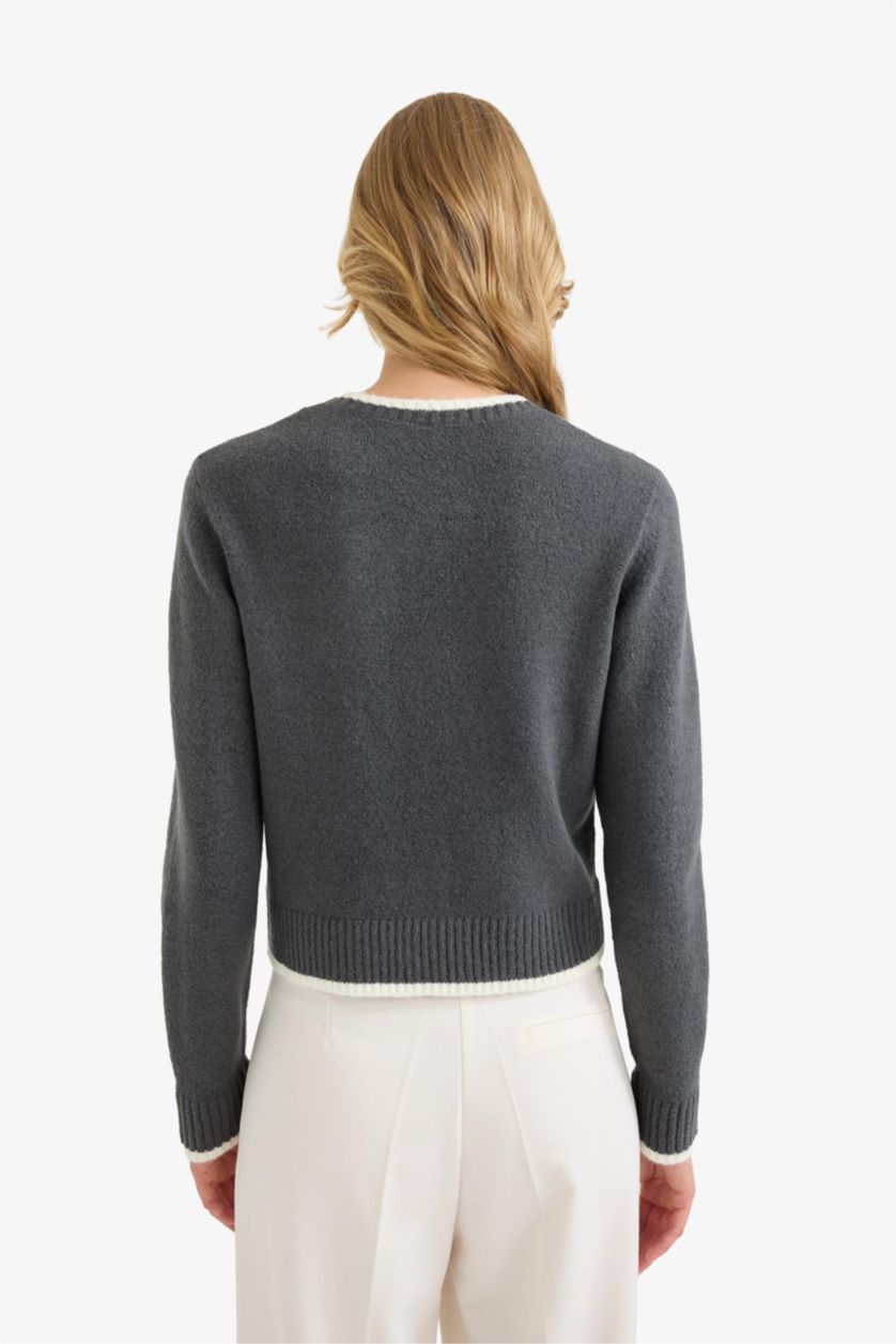 Женщины Серый Трикотажный кардиган с круглым вырезом, свободного кроя