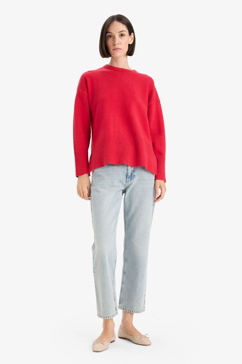 Женщины Красный Трикотажный свитер Oversize с широким кроем и круглым вырезом