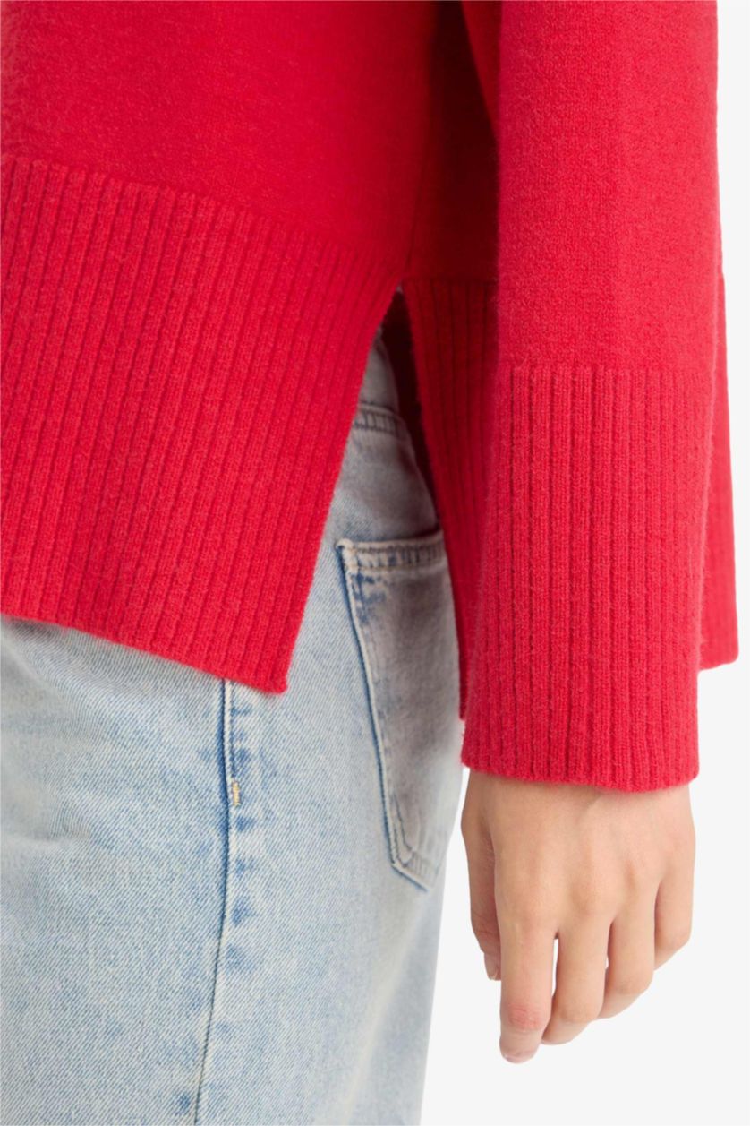 Женщины Красный Трикотажный свитер Oversize с широким кроем и круглым вырезом