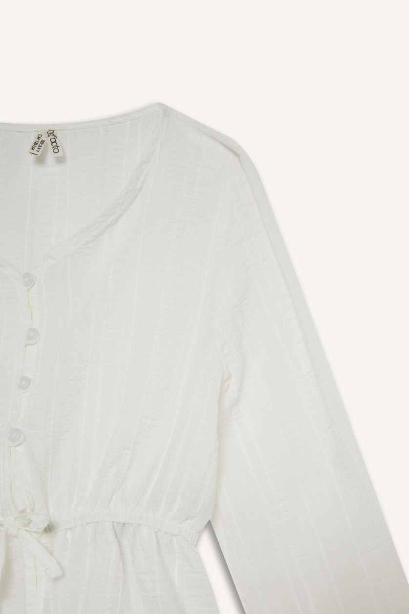 Kız Çocuk - Genç Kız Ekru Oversize Geniş Kalıp Müslin Uzun Kollu Bluz Kız Çocuk