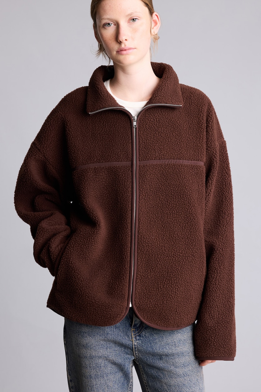 WOMAN Brown Oversize Mock Neck Welsoft Plush Cardigan