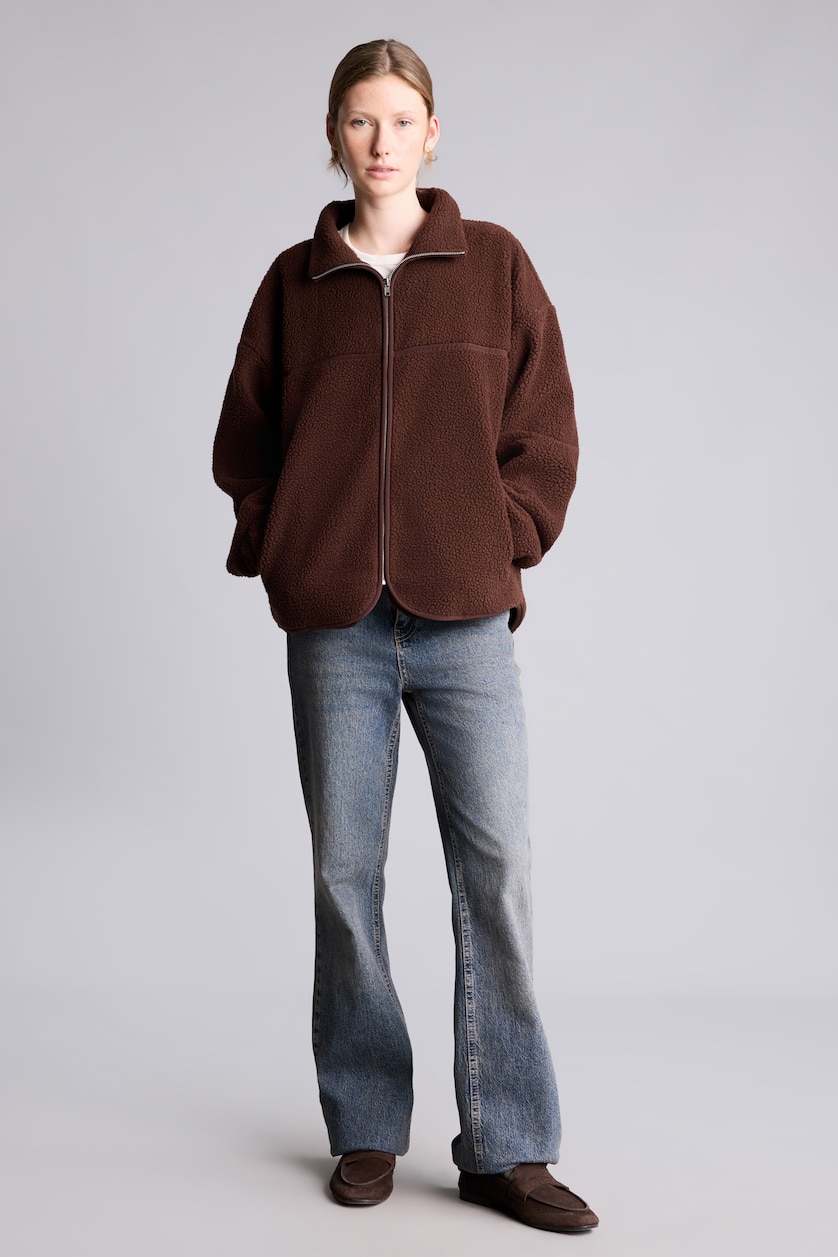 WOMAN Brown Oversize Mock Neck Welsoft Plush Cardigan
